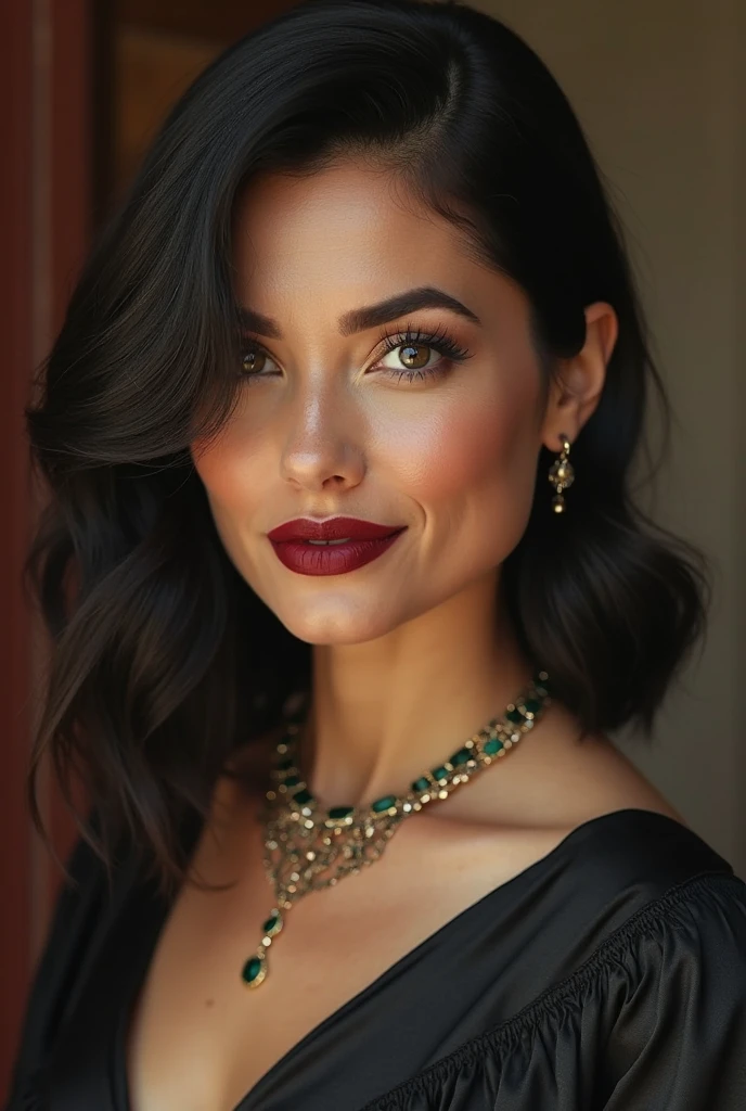 This captivating image depicts a woman with a warm, inviting expression, her eyes sparkling with mischief and her red-painted lips curving into a playful smile. Her long, dark hair is tousled, adding a touch of effortless glamour to her look.
The woman is wearing a vibrant, crimson-colored blouse that drapes elegantly over her shoulders, creating a striking contrast against her tanned skin. The fabric of the blouse appears to be luxurious and flowing, giving the impression of movement and sensuality.
Adorning her neck is a delicate gold necklace with a small, sparkling pendant that draws the eye to her graceful décolletage. The woman's makeup is subtle yet impactful, with defined brows, shimmering eyeshadow, and that bold, high-impact red lip color.
The background is a gradient of warm, complementary hues, with rich, deep reds and oranges that create a dramatic, cinematic feel, further emphasizing the woman's captivating presence and allure.
Without being able to identify the individual, the image evokes a mood of confidence, playfulness, and a touch of mystery – a woman who is comfortable in her own skin and exudes a magnetic, almost magnetic charm. The overall styling and composition invite the viewer to imagine the stories and emotions behind her enigmatic expression.