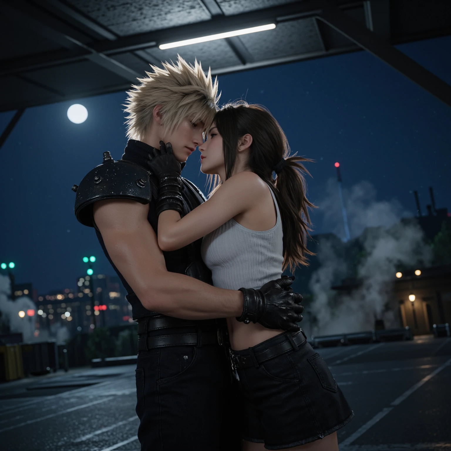 tmasterpiece，HighestQuali，style of anime，Two people dressed up as characters kissing on the fence, from ff7, Tifa Lockhart, From《Final Fantasy VII》, cosplay foto, tifa lockheart, kissing together cutely, professional cosplay, cosplay, full-cosplay, 📷 mungojerrie and rumpleteazer, publicity cosplay, ff Tifa, badass posture, Charming Tifa Lockheart