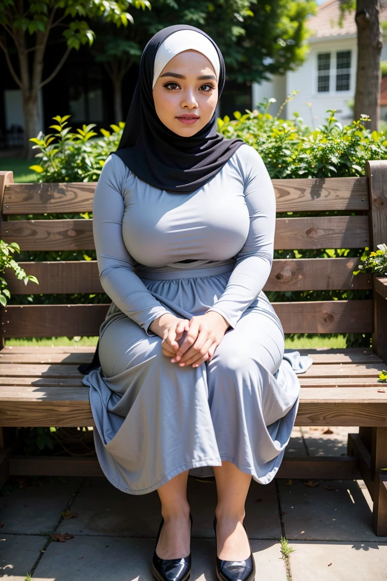 RAW, Best quality, high resolution, masterpiece: 1.3), beautiful Malay woman in hijab (iu:0.8),((big breasts)), perfect nose, perfect lips, perfect eyes, detail :1.2), big breasts, full body, beautiful face, perfect body, thick thighs, sitting on a bench with a black shawl, sitting on the ground, casual clothing style, wearing casual clothing, casual pose, wearing casual clothing, white hijab, modern casual clothing, sitting on a bench, hijab, modern casual clothing, leggings ,sitting relaxed, beautiful Malay woman, simple style, wearing elegant casual clothes, sitting on a bench, sitting on a bench