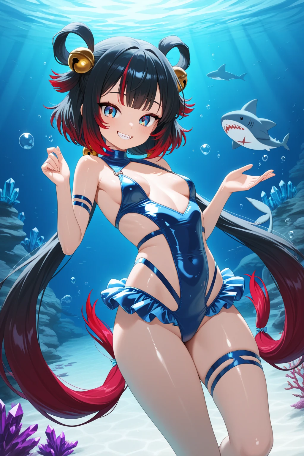 Under the sea, undersea temples, cheerleaders with big butts, smiling and cheering.