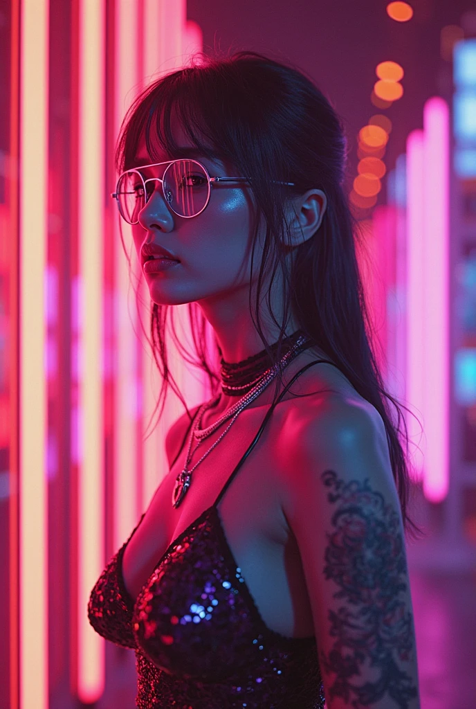 Woman, adult, white, long black hair, wears round glasses, emo-ish style, one piece