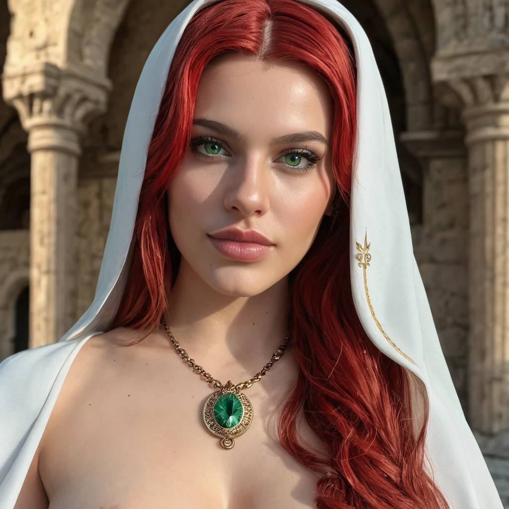 woman nun in red robe, Beautiful italian woman prays kneeling, a sexy girl, a beautiful, open big breasts, pink hair, photo of a beautiful, Young sexy woman, beautifully soft lighting, The Goddess, woman, detailed eyes and face, beautiful detailed eyes, choker cross around the neck, beautiful detailed lips, extremely detailed eyes and face, Sexy young woman, Gray background, gorgeous soft lighting