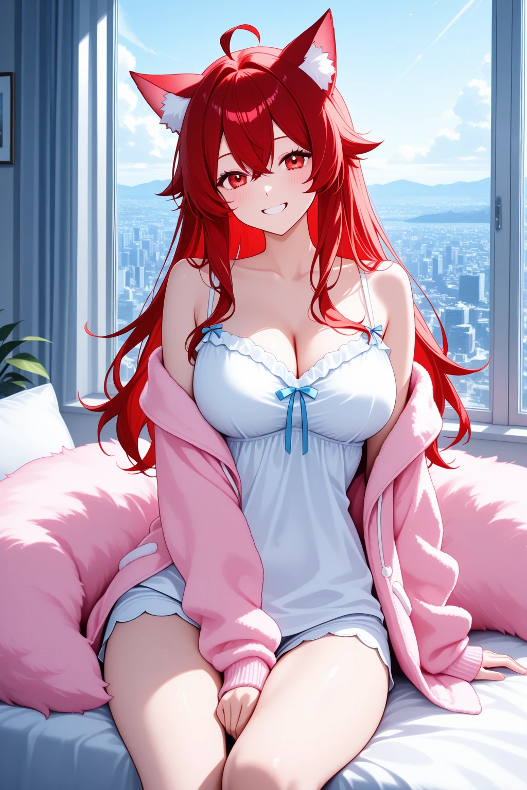 (masterpiece:1.3), (perfect quality:1.3), Rias Gremory, indoors, on bed, window, sunset, bottomless, white top, navel, lying, smile, closed eyes, blush, pillow, table, on back, no panties