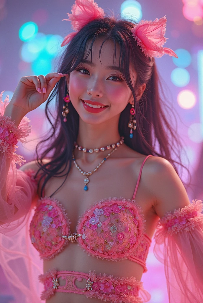 ((Highest quality、Flying debris、8k、Best image quality、Extremely intricate and detailed))、(The most gorgeous high-end prostitute princess:1.1)、(The most gorgeous prostitute princess' finest outfit:1.1)、The most vibrant and luxurious prostitute costumes、(An unimaginably luxurious goddess' room:1.1)、(Sparkly purple and pink princess room:1.1)、The most luxurious purple and pink room、Purple and pink gemstones、A glittering room decorated with many jewels、Night room、Very intricate decoration、A very transparent goddess' room、Perfect Makeup、Long eyelashes、lipstick、Pink Eyeshadow、Perfect Anatomy、Ultra-high definition glossy skin、Ultra-high definition glossy lips、Ultra HD Hair、Ultra high definition beauty face、Ultra-high definition sparkling eyes、Long Hair、(A beautiful, captivating smile staring at me:1.1)、Very slightly pregnant