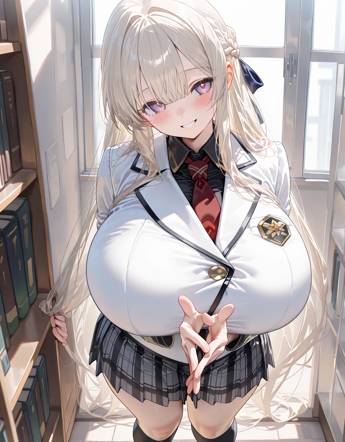 loose school uniform is sheer, button gap,(covered nipples:0.95),breasts,red white gold uniform,(side-tie peek:1.5),(button gap:1.5), white skirt, white top, red ribbon, golden buttons, golden shoulder pats, young adult, 19 years, embarrassed,blush,blonde hair,half updo hair, open mouth,brown eyes, beautiful brown eyes, big breast, striking body curves, horny smile, pink lips, tiny girl, cute pose, masterpiece, classroom background, school