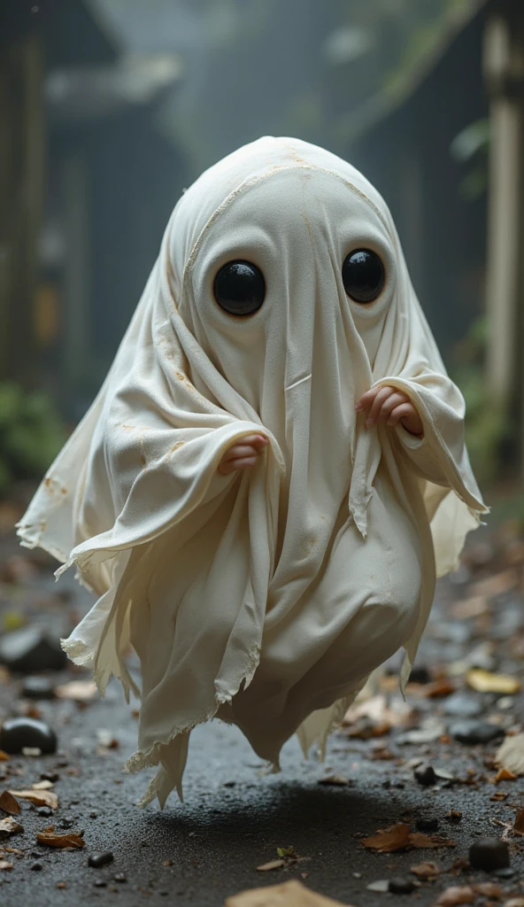 High-resolution photo of a sheet ghost crawling on all fours and licking milk from the floor