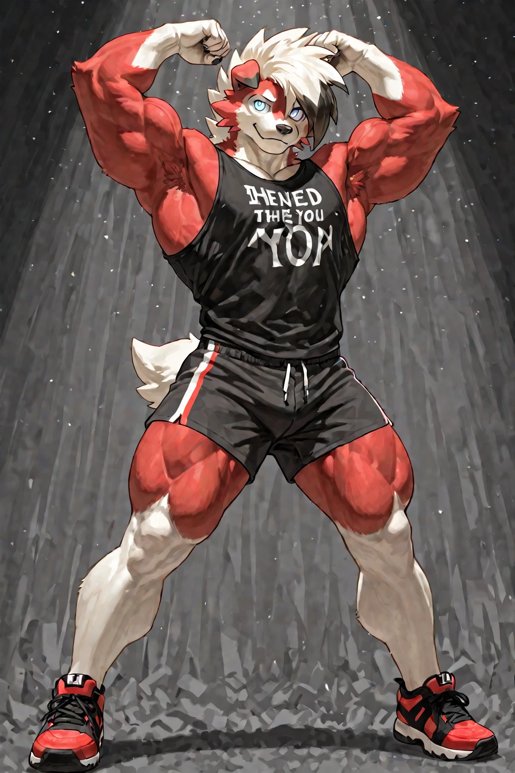 Magazine cover. solo, 1boy, perfect anatomy,devil, drone view, red skin, high shoot, up view, perfect proportion, huge horn, sharp teeth, tusk, sharp eyes, big eyes, angry, devil eyes, horn, devil tail, mad, perfect fingers, big hand, fingers. Huge Muscular Old man with short hair, shoes ,(white shorts), view from side, pectoral, thick arms, huge pectoral, wide pectoral, white hair, white beards, simple background, masterpiece, semirealistic:1.2, high detailed, 8k, high resolution, perfect center, full view. ((really big muscle, massive muscular, sixpack, thick arms, wide pectoral, super huge muscle, hyper muscular, over sized muscle, huge arms, big arms, huge pectoral))