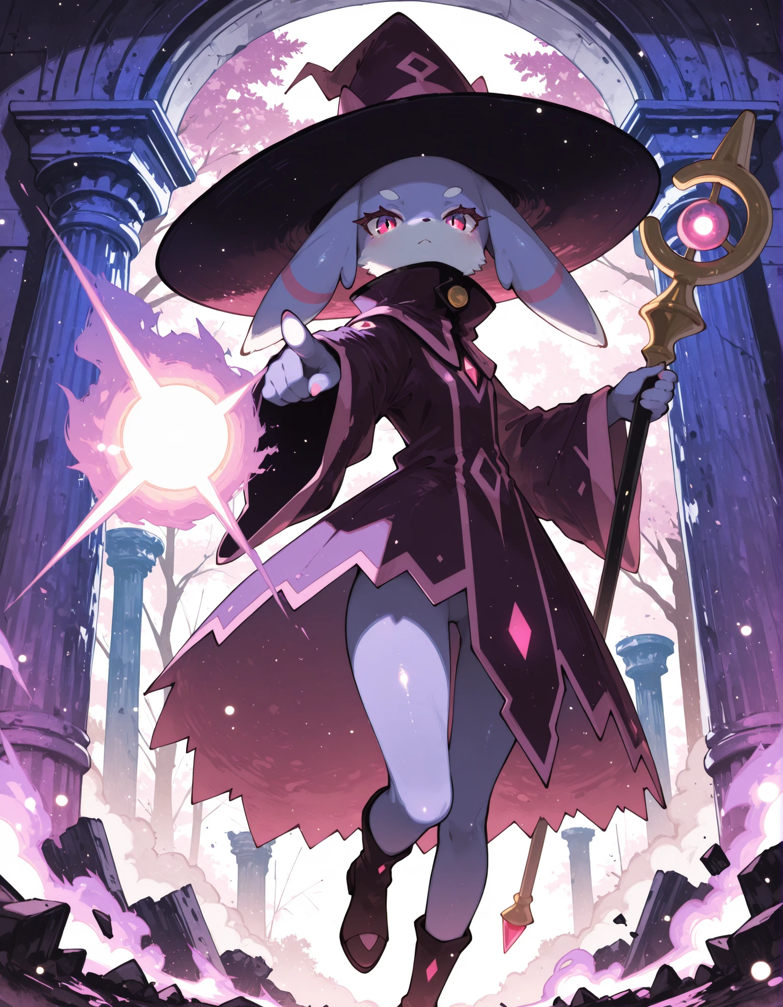 solo furry, no human, (katress), cyan body, magenta eyes, purple countershading, wizard hat, high collar, holding staff, half-length portrait, (low-angle view:1.15), one leg up, BREAK, purple fire attack, particles, energy effect, magic user, glowing, floating, action pose, pointing at viewer, foreshortening, reaching towards viewer, BREAK, masterpiece, best quality, high quality, palworld, purple theme, purple light, [by Rasusurasu::0.55], [monochrome:realistic, photorealism, by Potg \(Piotegu\):0.3], [:(by Sokura \(Mochichitose\), by Haku \(Sabosoda\), bokeh:1.25):0.55], detailed background, detailed foreground, sun light, depth of field, backlighting, [:cliff, waterfall, pillar, ruins, tree, dust, apocalypse:0.2], 