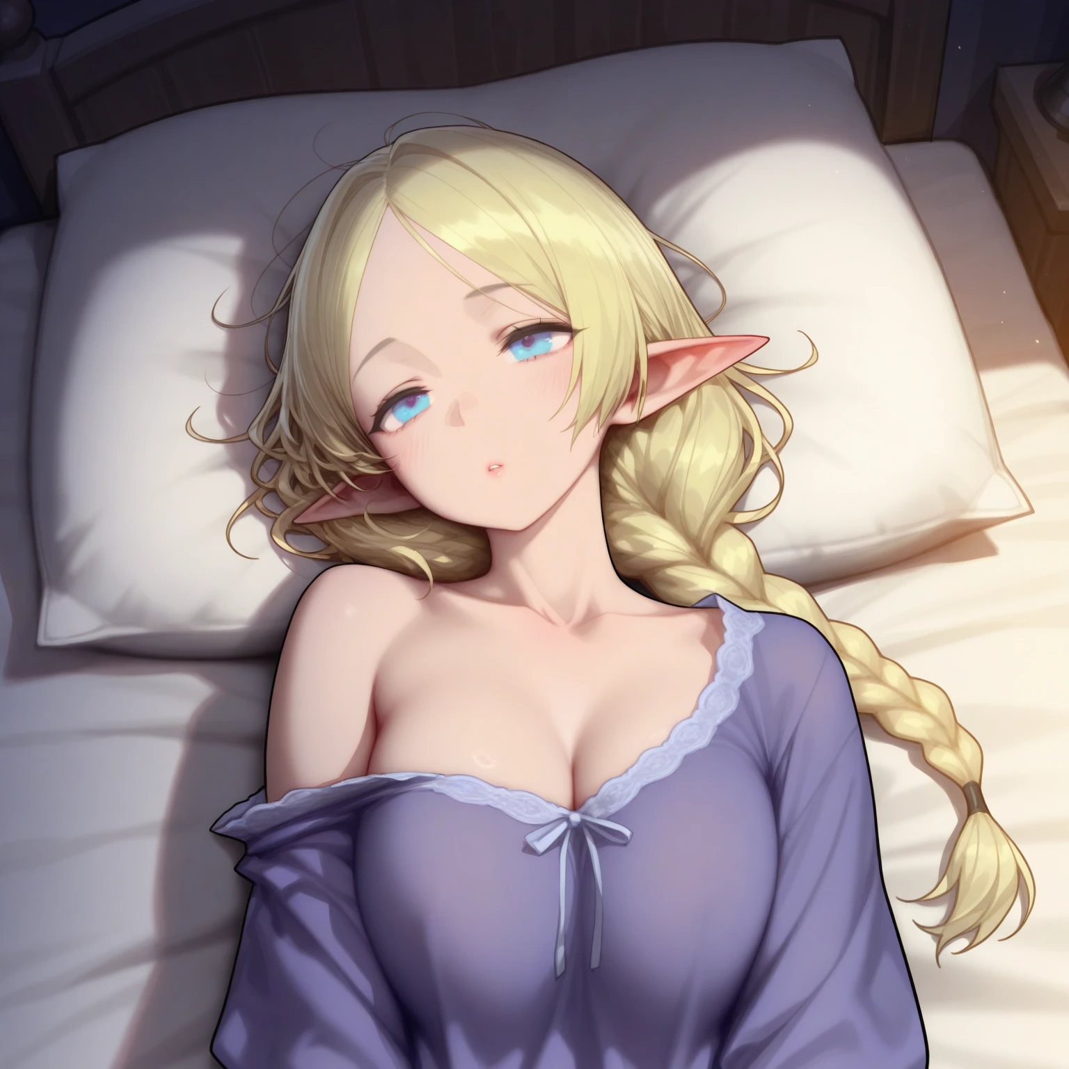 Anime Mature MILF, long blonde hair, long ear pricks, blue eyes, naked, in bed.