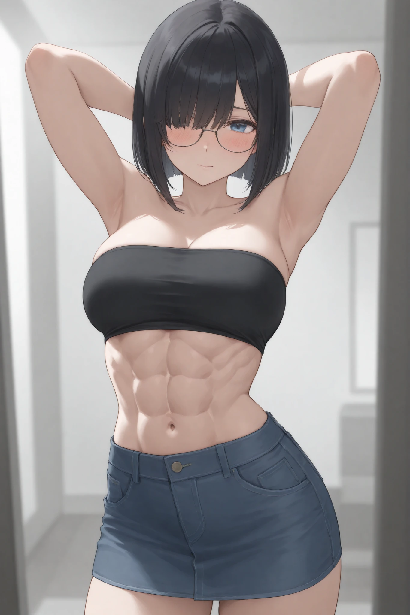 highly detailed, skindentation, pale woman with freckles, , toned abs, slim, red hair, short bob cut, bangs, blushing, sparkling eyes, tight sweater, trousers, stretched clothing, dark moody room, masterpiece, best quality, perfect ???????, highres, detailed, 1girl, smug, full body