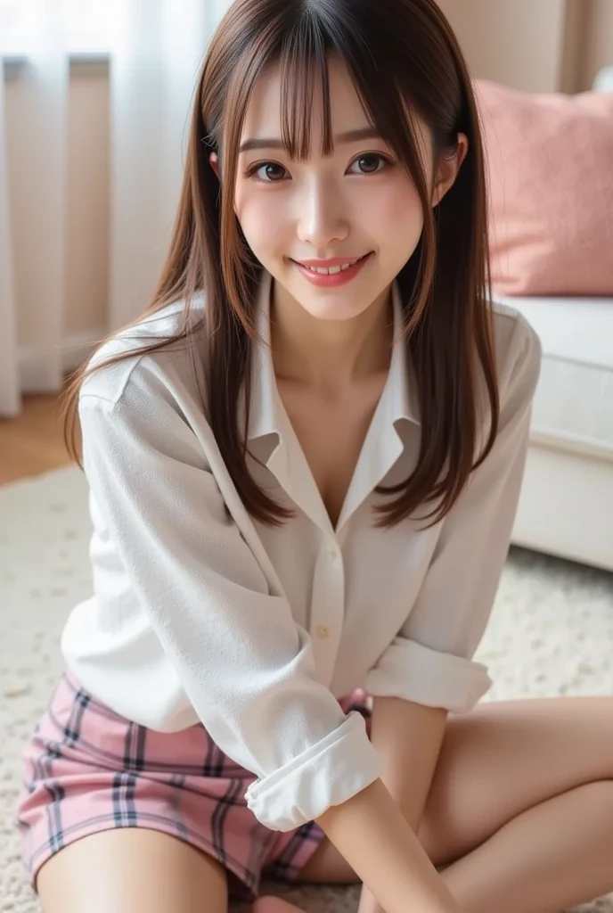 laughter:1.5、I can see her small white panties:1.5,Brown hair short cut with side waves:1.5,casual sneaker wear:1.5,