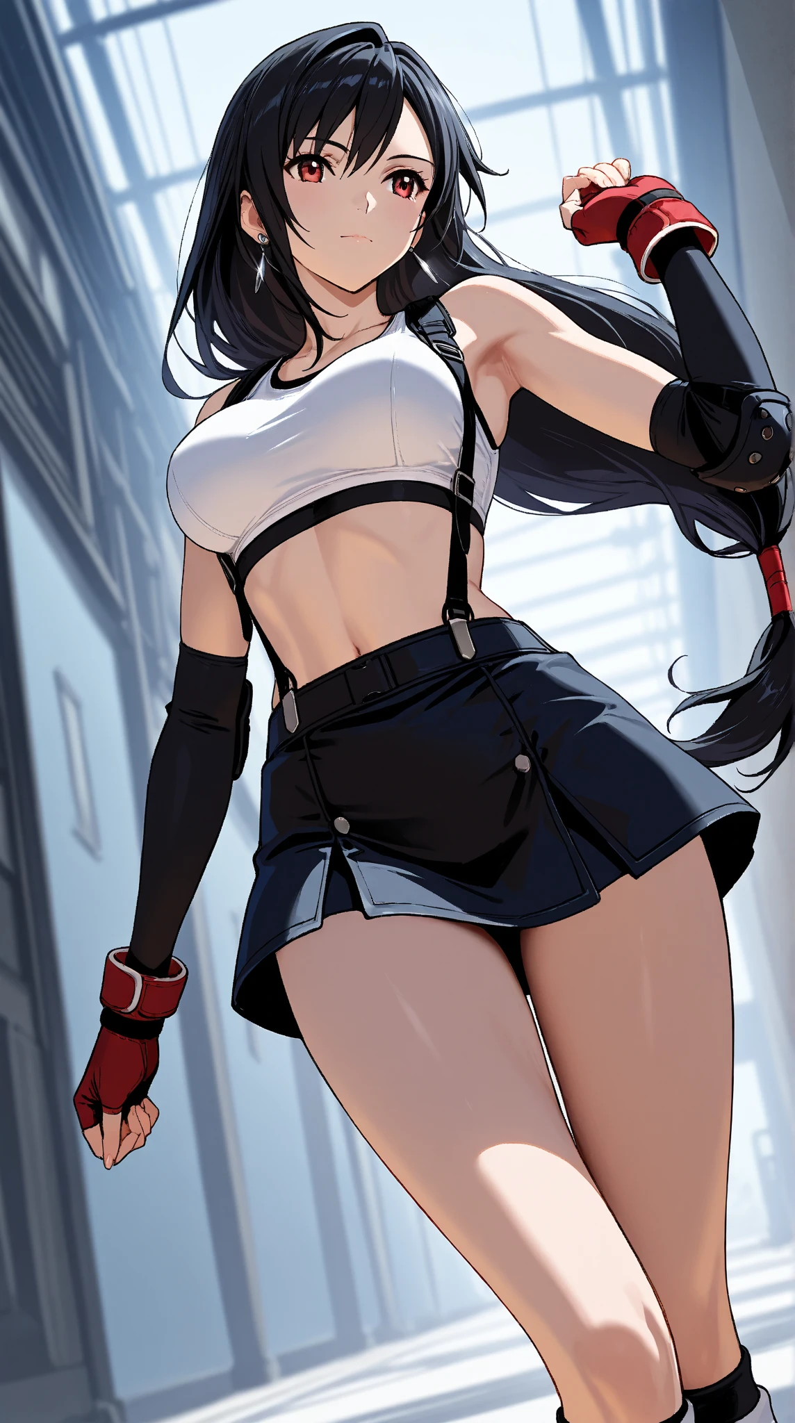 (8k, best quality, masterpiece:1.2) (realistic, photo-realistic:1.37) (full body) 1female solo girl, standing, legs apart (wide stance) standing contrapposto, ultra-detailed, cute (Tifa Lockhart) (large breasts:1.5) (beautiful detailed eyes) (smile:1.2) (closed mouth) sharp focus, depth of field, good composition, Final Fantasy VII, very long straight hair, hair bang ((red_eyes)), intricate, bokeh (Tetsuya Nomura style) perfect breasts, white tank top, black thong, suspenders, gloves, stockings, toned body, athletic, wide hips, thin waist, toned arms, exposed abdomen, view from behind