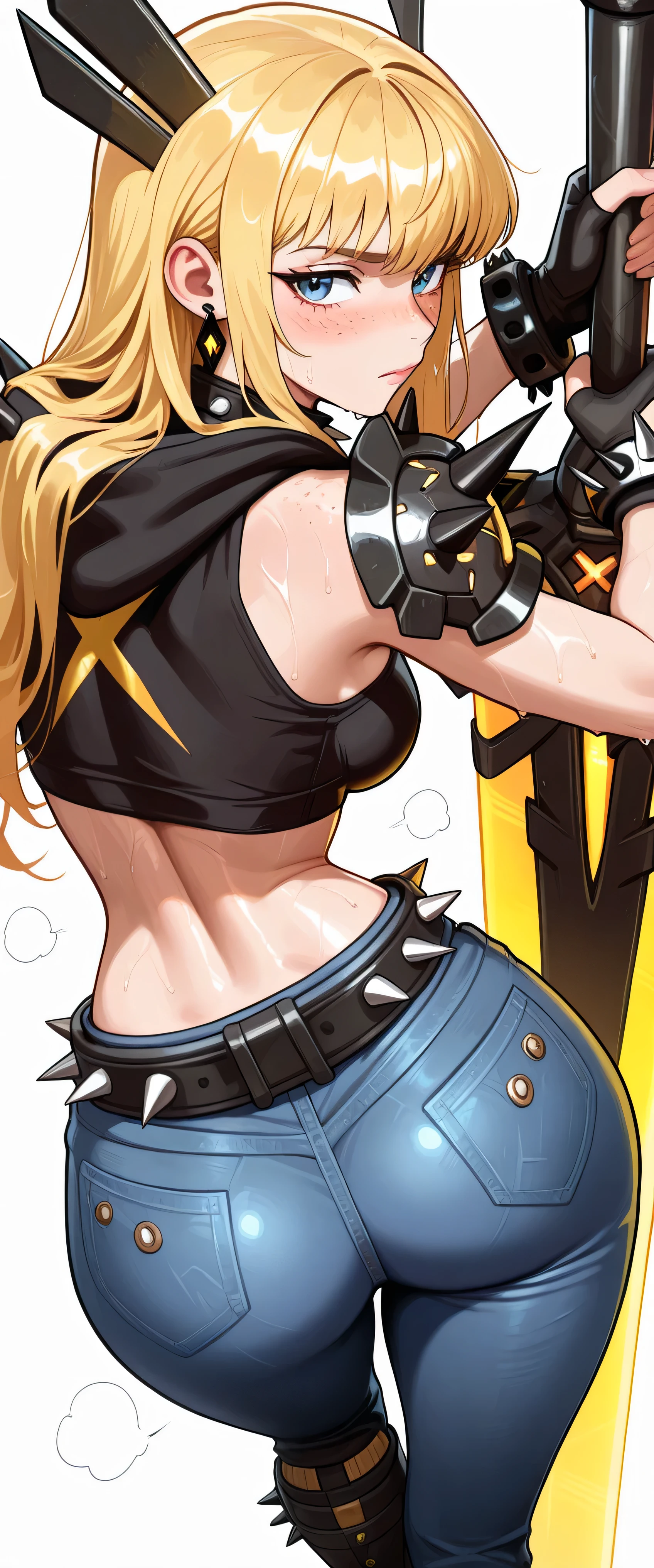 Big breasts, big crop top, big butt, small tight Jean shorts, tan skin, blushing, ahegao