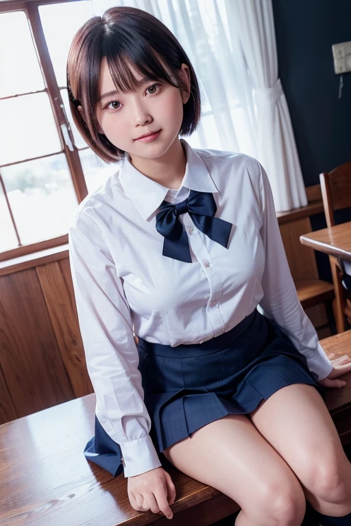 (masterpiece:1.3, highest quality), (realistic, photorealistic:1.4), perfect lighting, perfect anatomy, looking at the viewer, full body, Front view:0.6, 1 girl, alone, Japanese, high school girl, Improve, big breasts, big ass, seductive thighs, skin dents,
(short hair), asymmetrical bangs, brown eyes, parted lips, (very tanned and shiny skin), smile,
beautiful hair, beautiful face, highly detailed face, detailed and beautiful eyes, beautiful clavicle, beautiful body, beautiful breasts, beautiful thighs, beautiful feet, beautiful fingers, ((collared short sleeve shirt, white shirt, school uniform, pink plaid pleated skirt, black tie)), white panties, polka dot hair scrunchie,
( sexy pose), (enchanting smile), evening,Sit in the classroom,gal,(brown skin:1.5),(view from below),