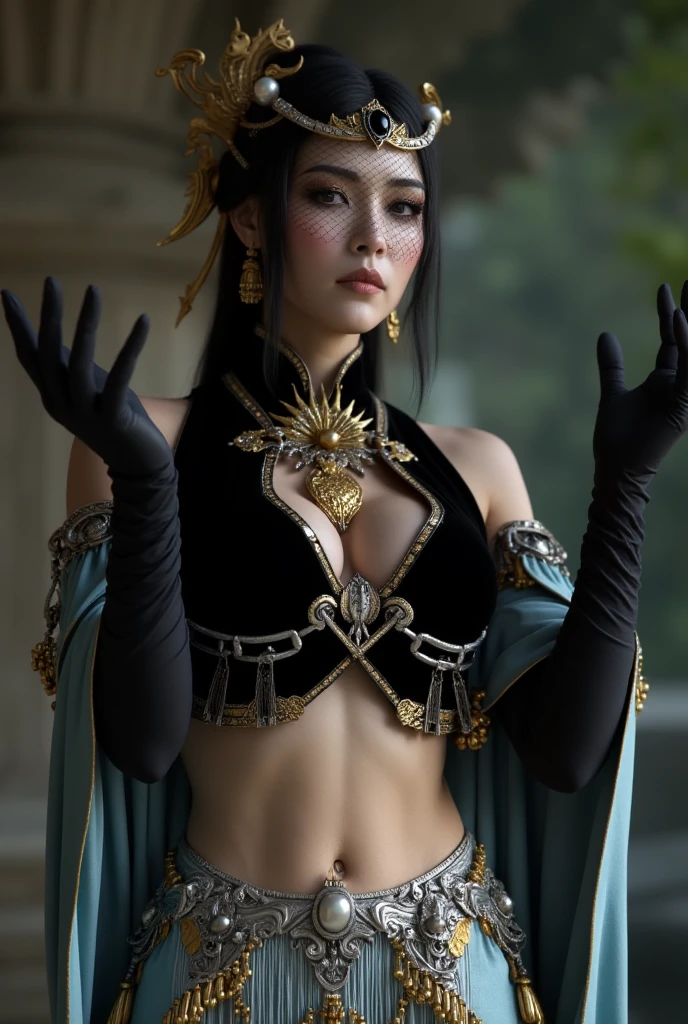 photorealistic, high resolution, soft light,1women, solo, hips up, (detailed face), jewelry, tattoo,black mafia clothing, black hair, super long hair, looking viewers, tatto, messy hair, close up, small breast, adult, holding sword