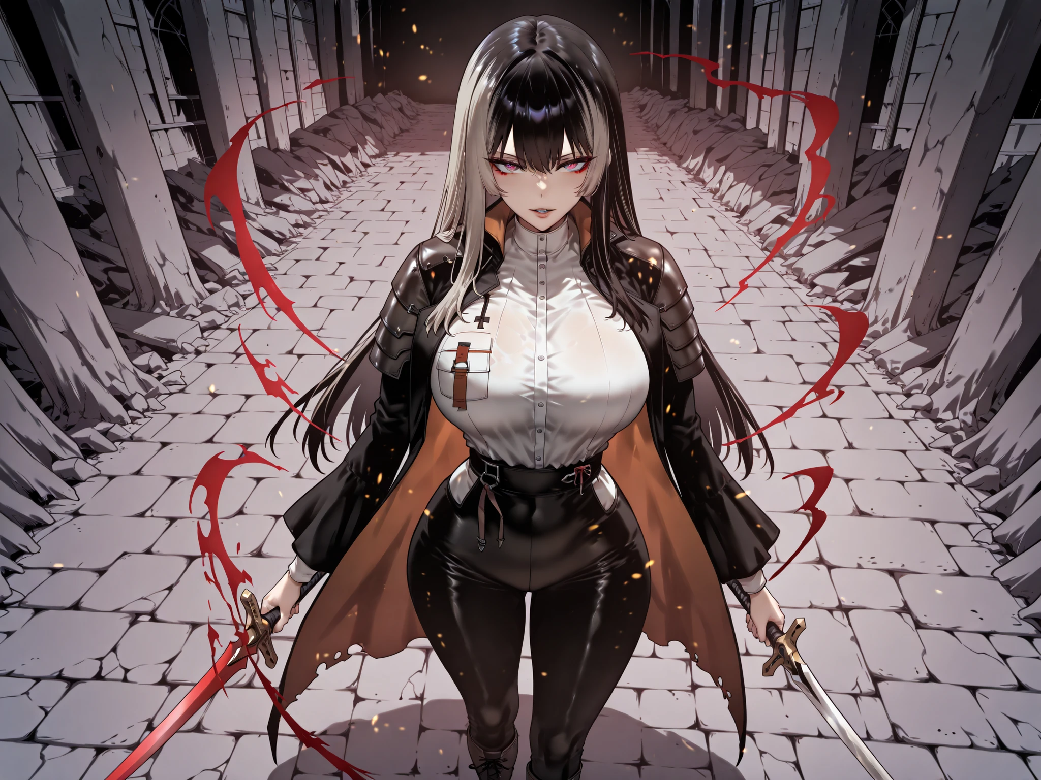 taken from above、caveの中、Hunter、Ruins、Attach a、black suit、Attach a、sword、Japanese sword、、black longsuit、 black long jacket、ゴスロリなshirt、Depressed、Tall Woman、A woman in her thirties、 Alassah's woman、Steins;Gate、 black longsuit 、score_9, score_8_up, score_7_up, Source_anime,masterpiece、No expression、no makeup、top quality,beautifully detailed eyes in a logistics warehouse, Exquisite Eyes、A sophisticated eye、highly detailed eyes and faces,unmotivated expression、lethargic face、 long breasts, Black Jacketを羽織る、Black Jacket、shirt, big saggy breasts, shockingly big breasts, big breasts,big boobs、boobs 、Zitoida, makeup、no makeup、long hair、smooth straight hair、black slacks、tall woman、Tall Woman、plump thighs, parted lips、 shining eyes,(Fire Aura Onkown),dungeon内、Crimson Eyes、long hair、dark haired、黒い髪、Long Straight Hair、dungeon、cave、Ruins、solo、swordを持っている、soloプレイヤー、red aura、 Crimson Aura 、zone、sword、大sword、Japanese sword、Sword、ゴツいsword、厳ついsword、Buster Sword、大Sword、Wide ass、beautiful butt、and stick your butt into the focus of your butt、long boots、Shoulder Armor、Fearless Laugh、strong、Is confident、suit pants、黒いlong pants、Black Skinny、long pants、Dynamic、Satu、fight、Satu狂、俺だけレベルupな件、arrogant、 Confidence々The smile 、bewitching smile、Sadist、Satu中、hunting、hunting