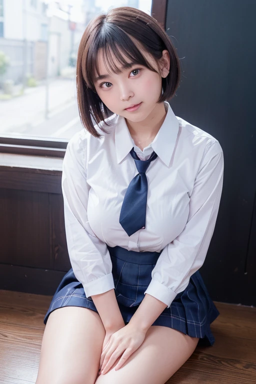(high-level image quality, high-detail, high quality, high resolution, Draw everything in high resolution), full body shoot, standing, (huge breast:1.6), cleavage, Very intense crystal light blue eyes, Very pale blue eyes, pink heart-shaped earrings, Look firmly at the camera, Put your ears out, short black hair with a beautiful sheen, Beautiful very short beautiful hair with bangs, Show off all the beautiful décolletés, Beautiful 20 years old, lip gloss, long neck, happily laughing, Smiling very happily, Beautiful teeth alignment, Beautiful teeth, Beautie, Pretty Woman, (woman in a short skirt and shirt sitting on the floor, japanese school uniform, japanese girl school uniform, necktie, cute schoolgirl, seifuku, a hyperrealistic schoolgirl, wearing japanese school uniform, hyperrealistic schoolgirl, realistic schoolgirl, school girl, jk uniform, japanese model, realistic young gravure idol:1.2), (hair ornaments inspired wingl:1.3), illuminate the back with very strong light from the windowsill, Very immaculate background, Really snow-white background, Slightly bigger eyes, Brings intense light to the eyes, Beauty with slightly wider shoulders, tall pop idol, Long-legged supermodel, Female sexy, Turn your face slightly to the side, Very mature and beautiful woman, Very small fac