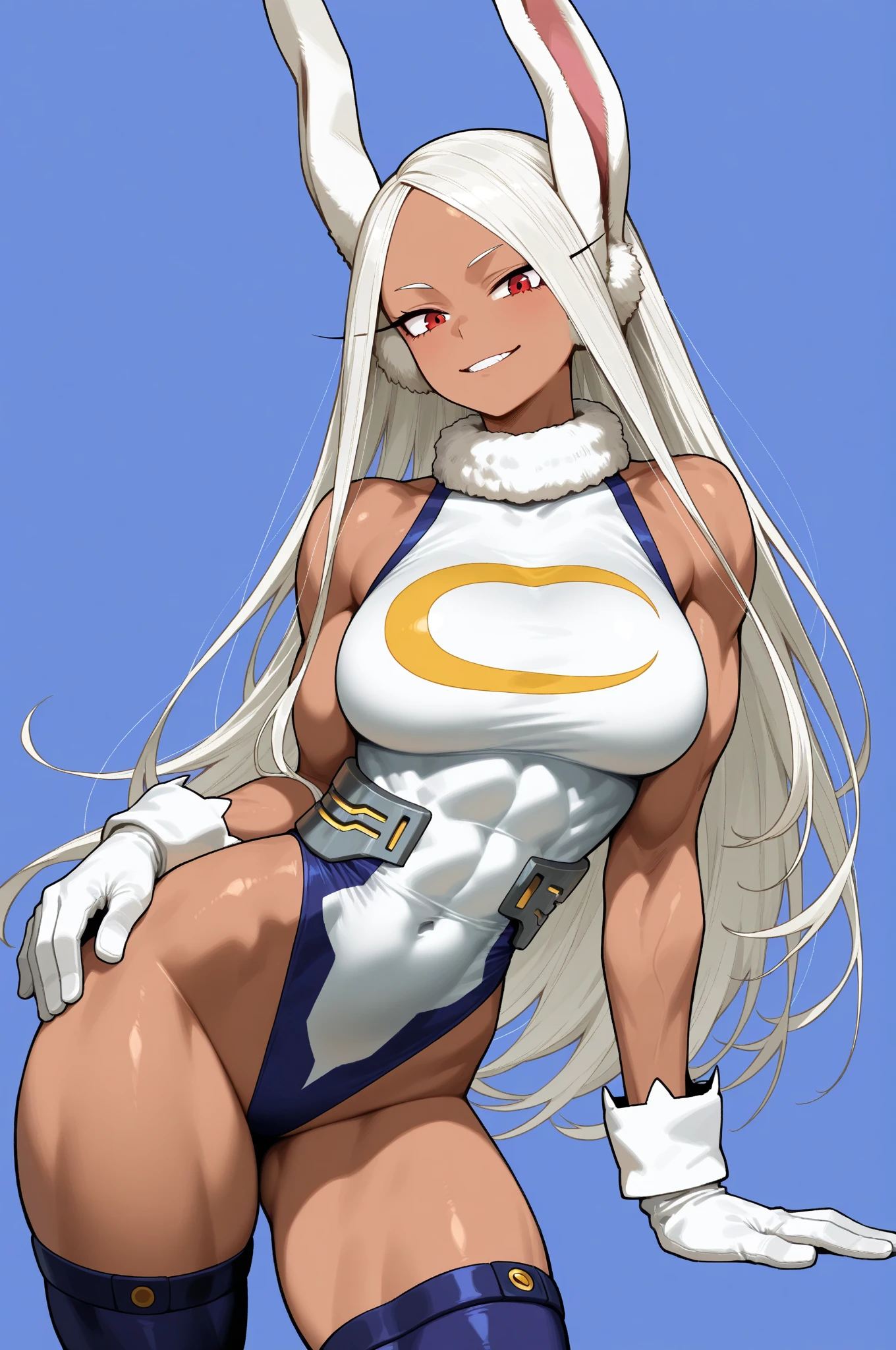 Score_9, score_8_up, score_7_up, source_anime, 1girl, rumi usagiyama, long hair, animal ears, white hair, dark skin, rabbit ears, dark-skinned female, muscular, rabbit girl, muscular female, red eyes, parted bangs,thighhighs, gloves, sleeveless, white gloves, leotard, turtleneck, highleg, highleg leotard, fur collar, sleeveless turtleneck, turtleneck leotard, sleeveless turtleneck leotard, crescent print,, sitting on top of a man
