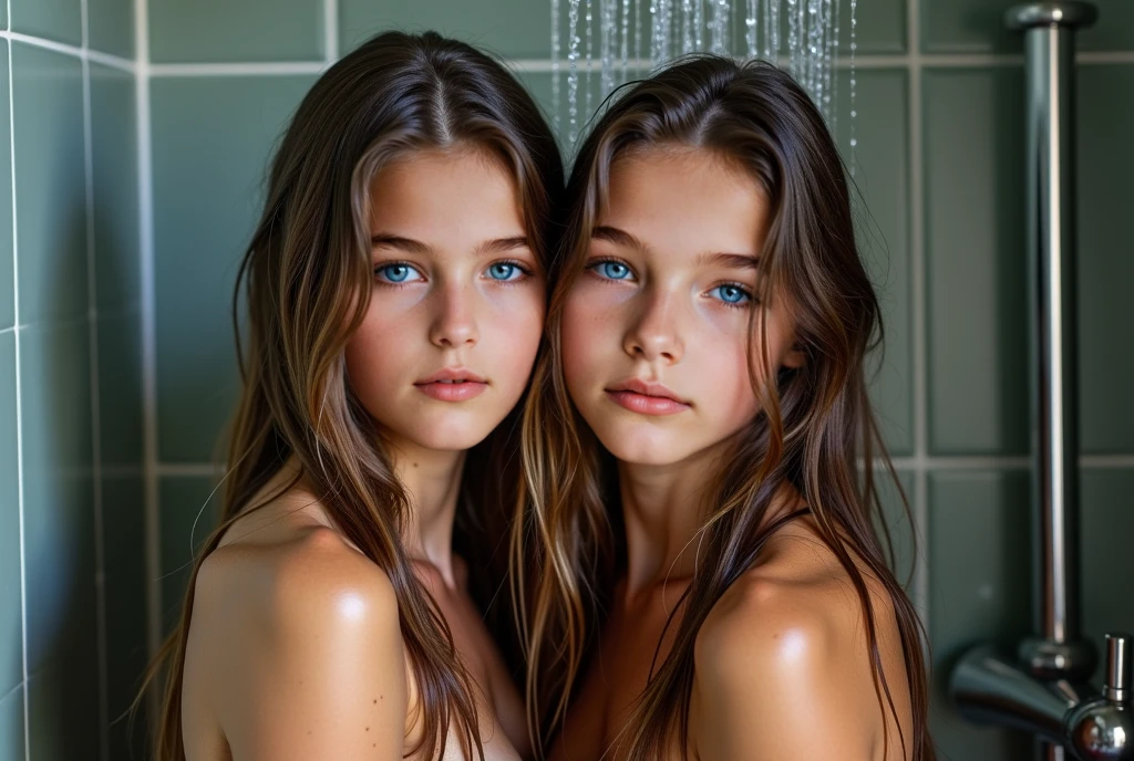 Dynamic Frame, Full Panoramic shot, two joyful (busty:1.1) naked young girls playing with their hands, eyes barely open, short wet blond hair:1.8, soaking wet skin, pale skin, water droplets running down her skin, (water droplets:1.2), (wet hair:1.9), (wet skin:1.3), (dark:1.2), shadows, moody, masterpiece, UHD, ((7-years-old girl face:1.9)(8-years-old girl body:1.9)),,((nsfw:1.8)),, ((girl with extremely beautiful face:1.5, baby face:1.5, lolita:1.8, lolli, lolicon, young, kiddie))((girl with skinny body:1.9))((girl with small ass:1.4, narrow hips:1.5, perfect legs:1.5)), ((smiling hard:1.1, happiness:1.1, pleasure, moaning:1.1)),,symmetry:1.5, symmetrical body:1.5, perfect anatomy:1.5, correct proportions:1.5, intricate detail:1.5, photorealistic,((girl is 3'6'' feets tall:1.8)),((girl is 3'1'' feets tall:1.5)),((girl fully naked:1.4, girl fully shaved:1.5)), dinamic lighting, dinamic pose,,((two girls are having fun together at a small private pool:1.8)),,
