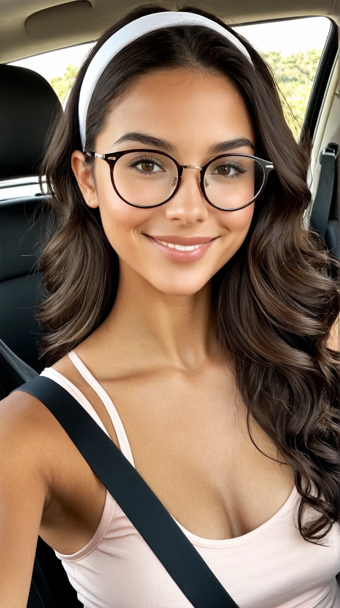 A realistic 28-year-old Brazilian woman with delicate facial features and a kind, innocent expression. She has a soft oval face with a defined but gentle jawline and a slightly pointed chin. Her skin is fair with a subtle natural rosiness, not tanned. Her lips are naturally full with a soft pink hue, slightly curved, and without makeup. Her nose is medium-sized with a softly rounded tip and no sharp edges. She wears stylish, round eyeglasses with thin dark frames and clear lenses. Her dark brown hair is short to medium-length, with soft waves or loose curls, parted to the side or held with a simple thin headband. Her eyes are almond-shaped, medium-sized, with a calm and intelligent gaze. Her eyebrows are medium-thick, naturally arched, and well-groomed.
Body: realistic curvy figure, slim waist, defined hips and thighs, slightly athletic but soft. No exaggerated proportions. Her posture is confident but relaxed.
Lighting: natural soft indoor light. Facial and body proportions must remain exactly the same in every generation. - sitting in the driver’s seat of a modern car, taking a selfie with her smartphone’s front camera. She has fair skin with a soft rosy undertone, almond brown eyes (not visible due to sunglasses), full lips without makeup, and wears round black sunglasses. Her dark brown shoulder-length wavy hair is held back with a thin white headband, as usual — do not change her hair.

She is wearing a casual light pink blouse. She holds the phone at arm’s length, slightly angled, smiling naturally or with a relaxed expression. Her seatbelt may or may not be visible.

The car interior is clearly visible: steering wheel, dashboard, window with daylight, fabric or leather seat. The photo is taken from the front camera, realistic and in full focus. No blur, no professional effects — just a casual selfie in the car.