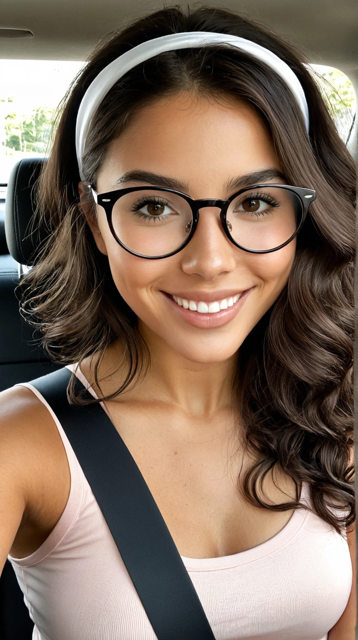A realistic 28-year-old Brazilian woman with delicate facial features and a kind, innocent expression. She has a soft oval face with a defined but gentle jawline and a slightly pointed chin. Her skin is fair with a subtle natural rosiness, not tanned. Her lips are naturally full with a soft pink hue, slightly curved, and without makeup. Her nose is medium-sized with a softly rounded tip and no sharp edges. She wears stylish, round eyeglasses with thin dark frames and clear lenses. Her dark brown hair is short to medium-length, with soft waves or loose curls, parted to the side or held with a simple thin headband. Her eyes are almond-shaped, medium-sized, with a calm and intelligent gaze. Her eyebrows are medium-thick, naturally arched, and well-groomed.
Body: realistic curvy figure, slim waist, defined hips and thighs, slightly athletic but soft. No exaggerated proportions. Her posture is confident but relaxed.
Lighting: natural soft indoor light. Facial and body proportions must remain exactly the same in every generation. - sitting in the driver’s seat of a modern car, taking a selfie with her smartphone’s front camera. She has fair skin with a soft rosy undertone, almond brown eyes (not visible due to sunglasses), full lips without makeup, and wears round black sunglasses. Her dark brown shoulder-length wavy hair is held back with a thin white headband, as usual — do not change her hair.

She is wearing a casual light pink blouse. She holds the phone at arm’s length, slightly angled, smiling naturally or with a relaxed expression. Her seatbelt may or may not be visible.

The car interior is clearly visible: steering wheel, dashboard, window with daylight, fabric or leather seat. The photo is taken from the front camera, realistic and in full focus. No blur, no professional effects — just a casual selfie in the car.