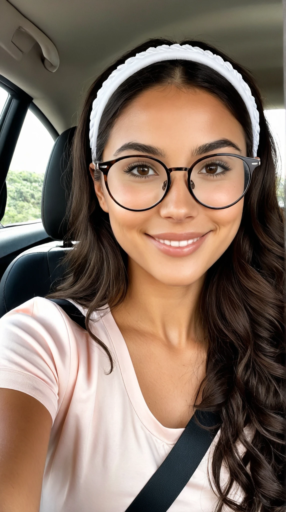 A realistic 28-year-old Brazilian woman with delicate facial features and a kind, innocent expression. She has a soft oval face with a defined but gentle jawline and a slightly pointed chin. Her skin is fair with a subtle natural rosiness, not tanned. Her lips are naturally full with a soft pink hue, slightly curved, and without makeup. Her nose is medium-sized with a softly rounded tip and no sharp edges. She wears stylish, round eyeglasses with thin dark frames and clear lenses. Her dark brown hair is short to medium-length, with soft waves or loose curls, parted to the side or held with a simple thin headband. Her eyes are almond-shaped, medium-sized, with a calm and intelligent gaze. Her eyebrows are medium-thick, naturally arched, and well-groomed.
Body: realistic curvy figure, slim waist, defined hips and thighs, slightly athletic but soft. No exaggerated proportions. Her posture is confident but relaxed.
Lighting: natural soft indoor light. Facial and body proportions must remain exactly the same in every generation. - sitting in the driver’s seat of a modern car, taking a selfie with her smartphone’s front camera. She has fair skin with a soft rosy undertone, almond brown eyes (not visible due to sunglasses), full lips without makeup, and wears round black sunglasses. Her dark brown shoulder-length wavy hair is held back with a thin white headband, as usual — do not change her hair.

She is wearing a casual light pink blouse. She holds the phone at arm’s length, slightly angled, smiling naturally or with a relaxed expression. Her seatbelt may or may not be visible.

The car interior is clearly visible: steering wheel, dashboard, window with daylight, fabric or leather seat. The photo is taken from the front camera, realistic and in full focus. No blur, no professional effects — just a casual selfie in the car.