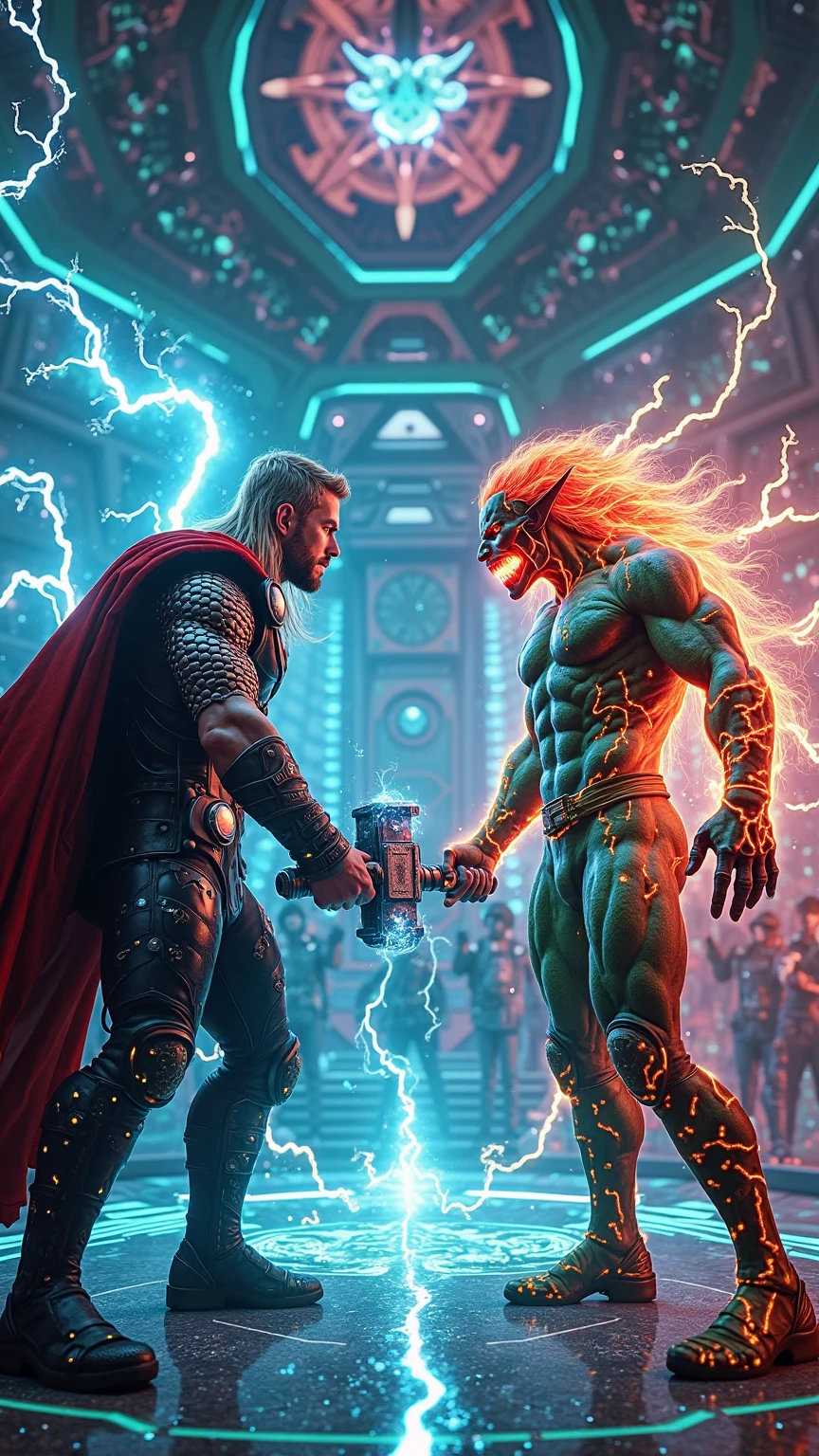 Make a man with messy brown hair wearing medieval brown pants, his body is full of blue demonic symbols this one has blue energy, and make him fighting against a tall blonde man with red demonic symbol tattoos, This one has red power energy, and he wears black pants and black boots