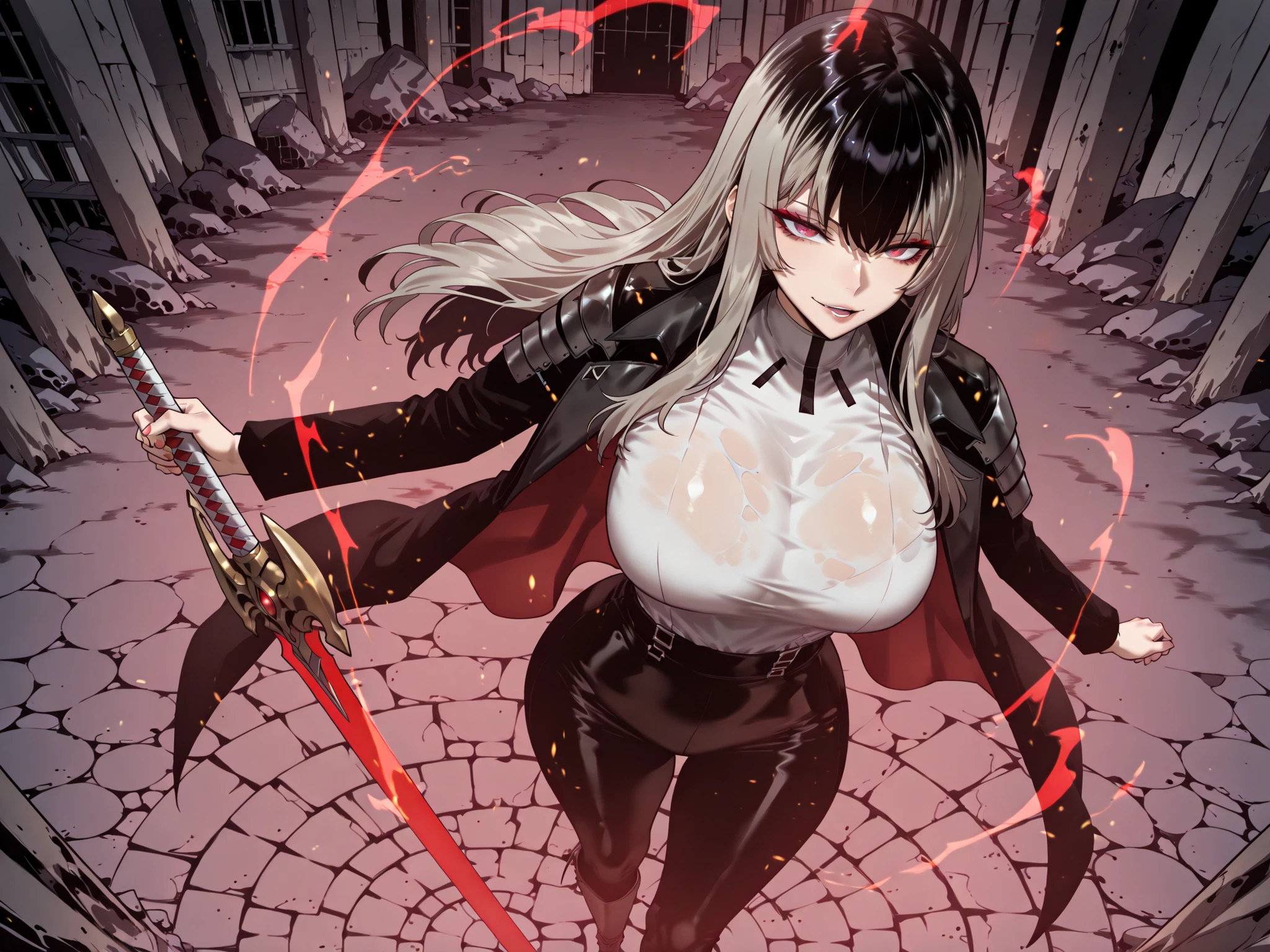 taken from above、caveの中、Hunter、Ruins、Attach a、black suit、Attach a、sword、Japanese sword、、black longsuit、 black long jacket、ゴスロリなshirt、Depressed、Tall Woman、A woman in her thirties、 Alassah's woman、Steins;Gate、 black longsuit 、score_9, score_8_up, score_7_up, Source_anime,masterpiece、No expression、no makeup、top quality,beautifully detailed eyes in a logistics warehouse, Exquisite Eyes、A sophisticated eye、highly detailed eyes and faces,unmotivated expression、lethargic face、 long breasts, Black Jacketを羽織る、Black Jacket、shirt, big saggy breasts, shockingly big breasts, big breasts,big boobs、boobs 、Zitoida, makeup、no makeup、long hair、smooth straight hair、black slacks、tall woman、Tall Woman、plump thighs, parted lips、 shining eyes,(Fire Aura Onkown),dungeon内、Crimson Eyes、long hair、dark haired、黒い髪、Long Straight Hair、dungeon、cave、Ruins、solo、swordを持っている、soloプレイヤー、red aura、 Crimson Aura 、zone、sword、大sword、Japanese sword、Sword、ゴツいsword、厳ついsword、Buster Sword、大Sword、Wide ass、beautiful butt、and stick your butt into the focus of your butt、long boots、Shoulder Armor、Fearless Laugh、strong、Is confident、suit pants、黒いlong pants、Black Skinny、long pants、Dynamic、Satu、fight、Satu狂、俺だけレベルupな件、arrogant、 Confidence々The smile 、bewitching smile、Sadist、Satu中、hunting、hunting