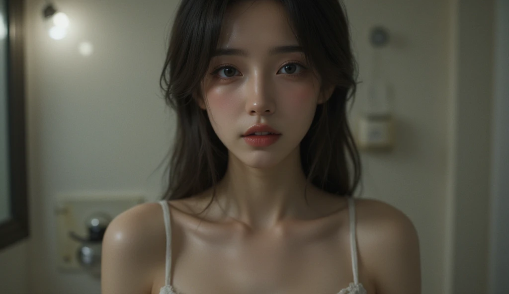 real photograph, (Top image quality, 8K, ​masterpiece), top-quality, 超A high resolution,Japan Girl, 18 year old, pretty face, loose tank top and spread your legs、 kawaii faces, Melancholy look, double eyelid、big breasts: 1.4、girly hairstyle、modern room、Movie Lighting, Photorealsitic, real looking skin, nffsw, 35 mm, Shot with Leica,