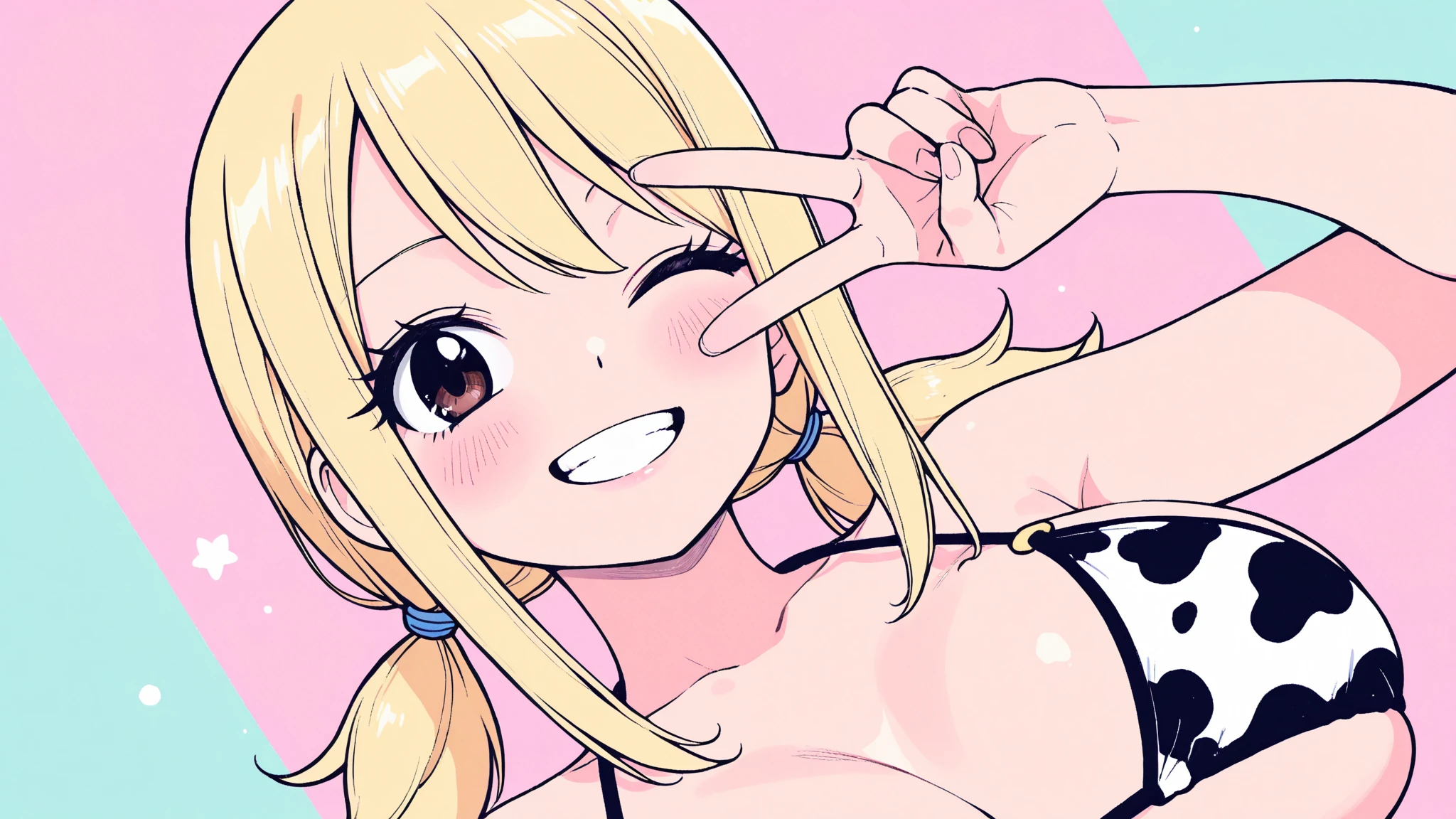 Monochrome, dark red background, a girl, blue school ,  blue , exposed skin, blush, cap, bold smile, squat, bow, winner's gesture, marked, blue eyes, blond hair, pink lips, marked, (from the front: 1.3),