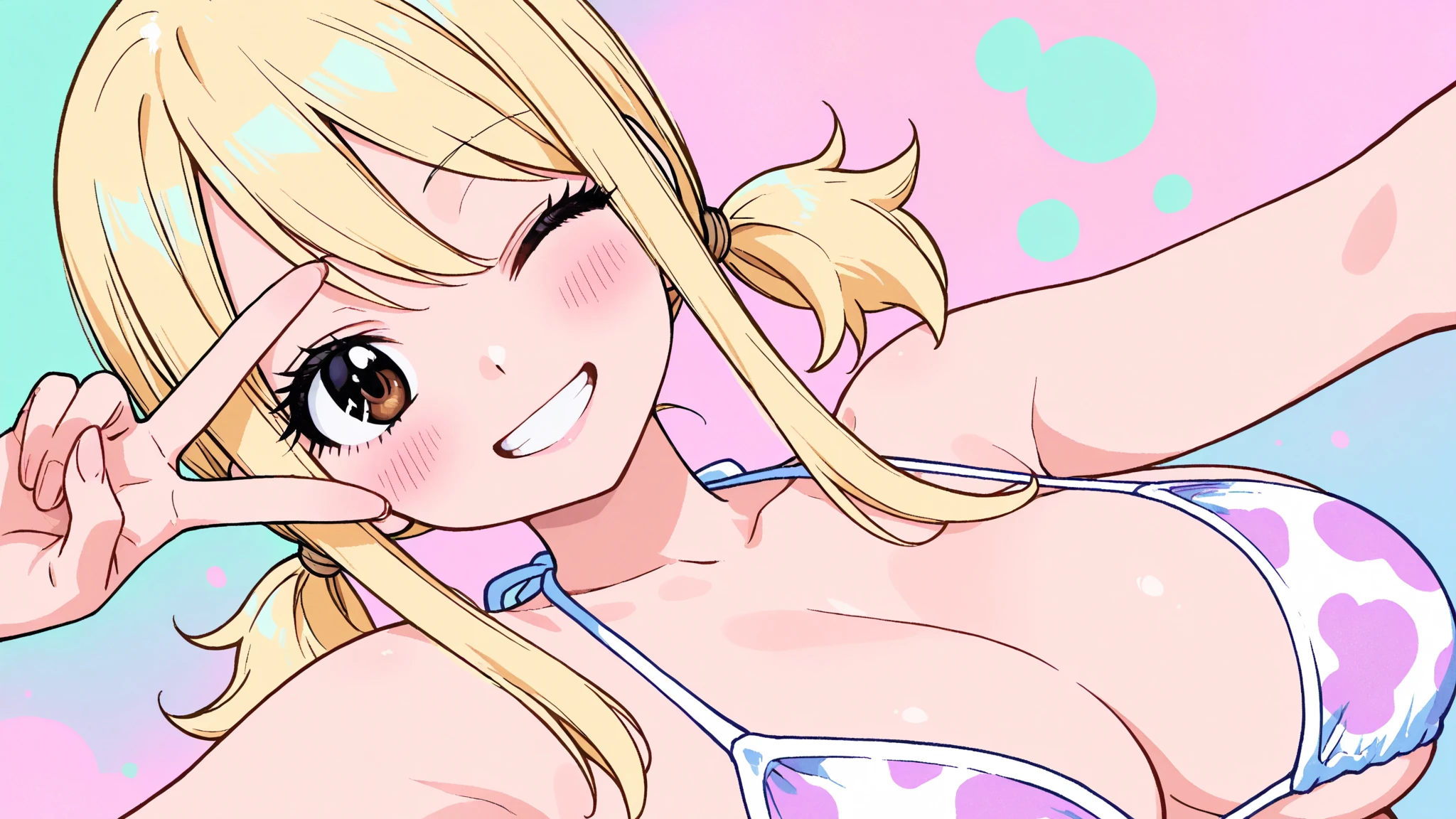 (masterpiece, highest quality:1.2)、Ahegao Double Peace、Sexy Swimwear、Embarrassed、Excessive armpit sweating、 Completely naked、smile、Embarrassed、Big Breasts、Pussy、Pee、Breast milk、Being chubby、Pichi Pichi School Swimsuit、horny masturbation、Steam from the body、Spread your legs、Large areola、Your body is wet、The nipples are erect、Spread your crotch with your fingery whole body is shaking