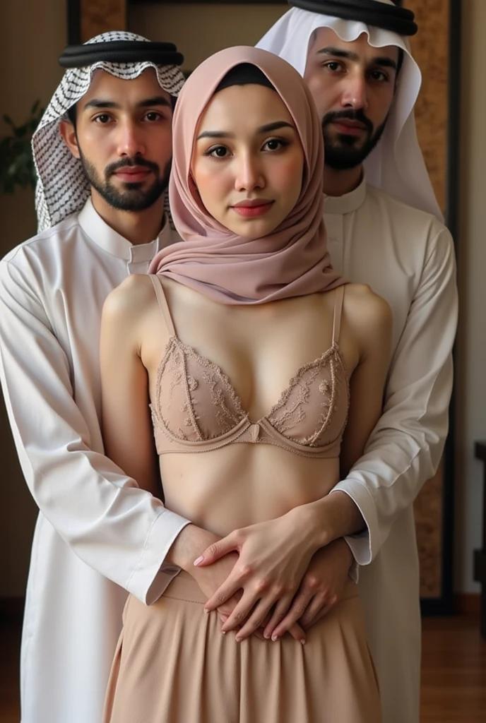 Couple both handsome and embracing she in front of him man short black hair and beard strong body wearing Arab clothes covering his hair (don't let him have Arab features) 
the woman (face with Italian features, blonde hair loose and wavy, plump mouth) don't let the woman have Asian features