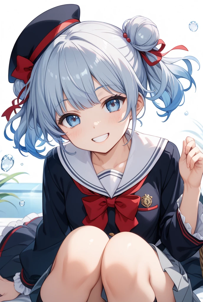 jksatoko,putih hair,1 girl,solo,best quality, sailor school uniform,blue pleated skirt,middle breasts,looking up the viewer, outside,forest,yandere,sitting down