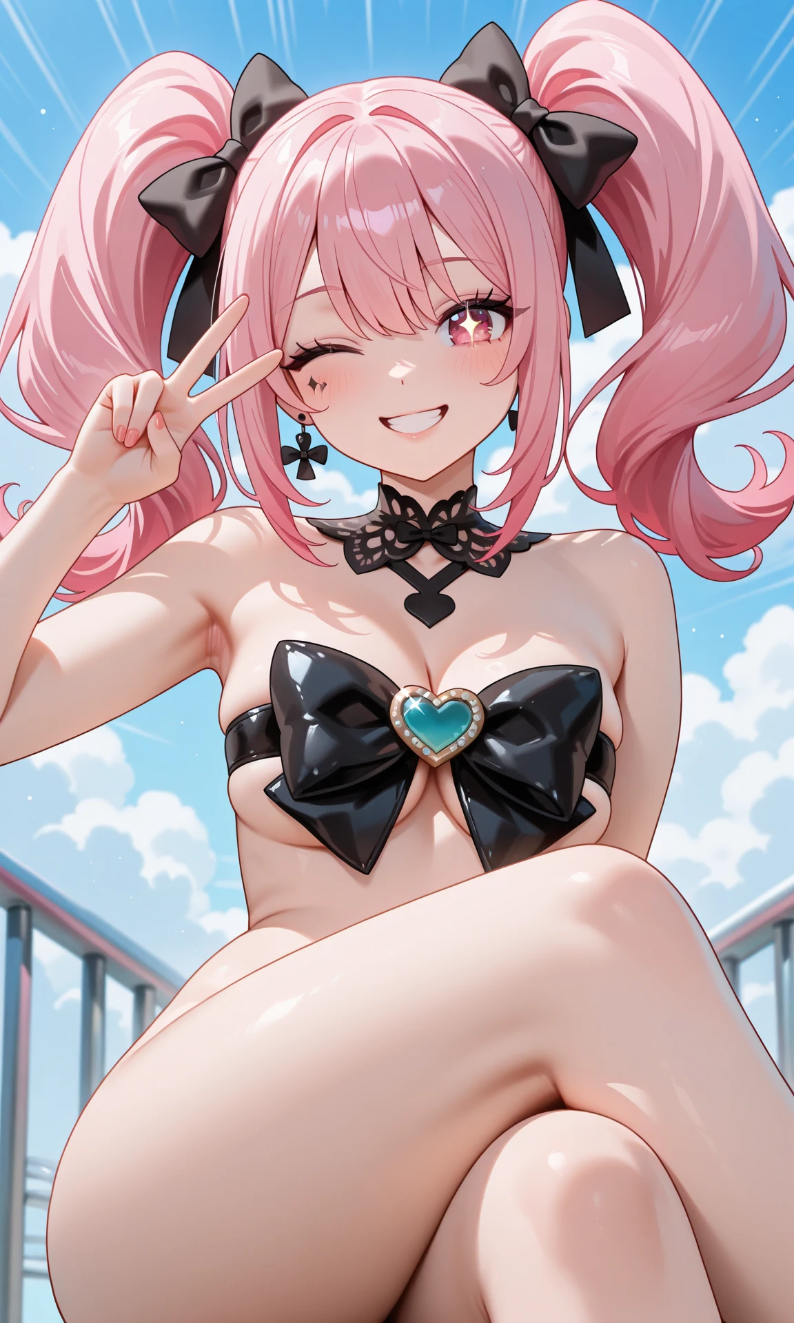 Beautiful girl with thigh high boots, bikini, and long glovesHigh Resolution, Breasts, Large breasts, Crescent Earrings, Purple Eyes, Grin, Embarrassed, Slit Pupils, Cowboy Shot, Ahegao, Maid Headdress, Short Hair, Blue Hair, Pink Hair, Ahoge, Side Ponytail, 