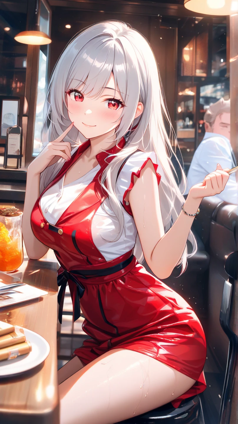 anime style mujer adult hair long white and eyes color red, usando un vestido con mucho escote con los pezones erectos sentada en una silla de un restaurante 