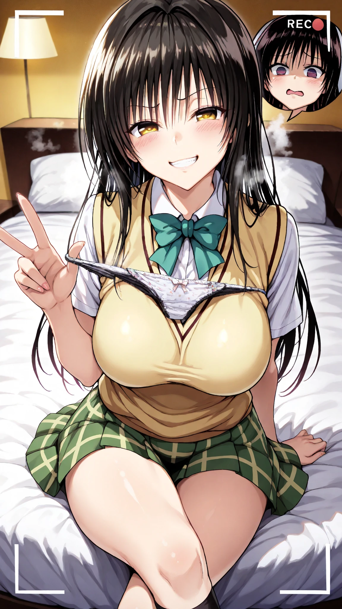 huge-breasted,wide hips,,Open mouth,sweat body,Wet body,on the beds,dakimakura,school uniform,chubby,mini skirt,cowboy shot