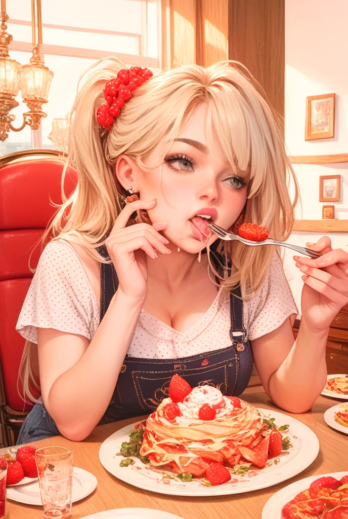 30yo star butterfly, Busty body, (nsfw:0.5), posing, red horn hairband, red hearts in cheeks, (butterfly tattoos:1.05), glowing Coral suede complex outfit, blonde hair (bokeh effect:1.2). restaurant dinner date, romantic evening, culinary delights, intimate setting <lora:StarButterfly_v1.1:0.45> <lora:nsfw0.3.6:0.5>