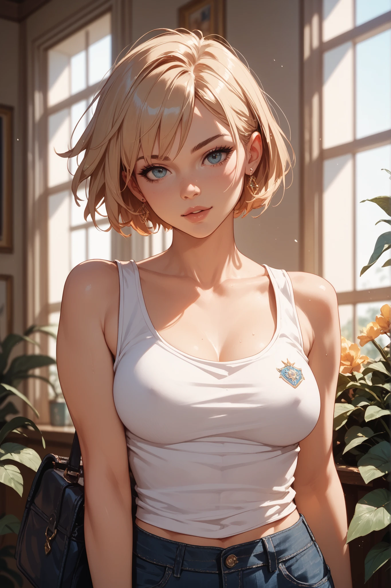 Please follow all prompts below exactly and faithfully. This is a breathtaking masterpiece of digital illustration, with maximum resolution, UHD, 512K, 2160p, 10 million ppi, 300 million dpi, natural color tones, ultra sharp details, perfect outlines with contrast, **most realistic skin and hair textures**, most beautiful detailed eye features, perfect anatomically correct human body, beautiful background with depth, rule of thirds, depth of field, Maximize all element is used to its full potential to create the best digital illustrations, 
A very sexy and elegant woman with a perfect body style, a beautiful sharp face, slim figure, gravity-defying large breasts, beautiful green eyes, (shiny blonde shaggy cut short hair covering one eye), glossy, sensual, very glossy thick lips with striking pink lipstick, She is walking through a dazzlingly sunny park wearing casual clothing: a baseball cap on her head, a tiny tank top that clings so tightly that her body lines are clearly visible, half-length cargo pants, and white sneakers, 