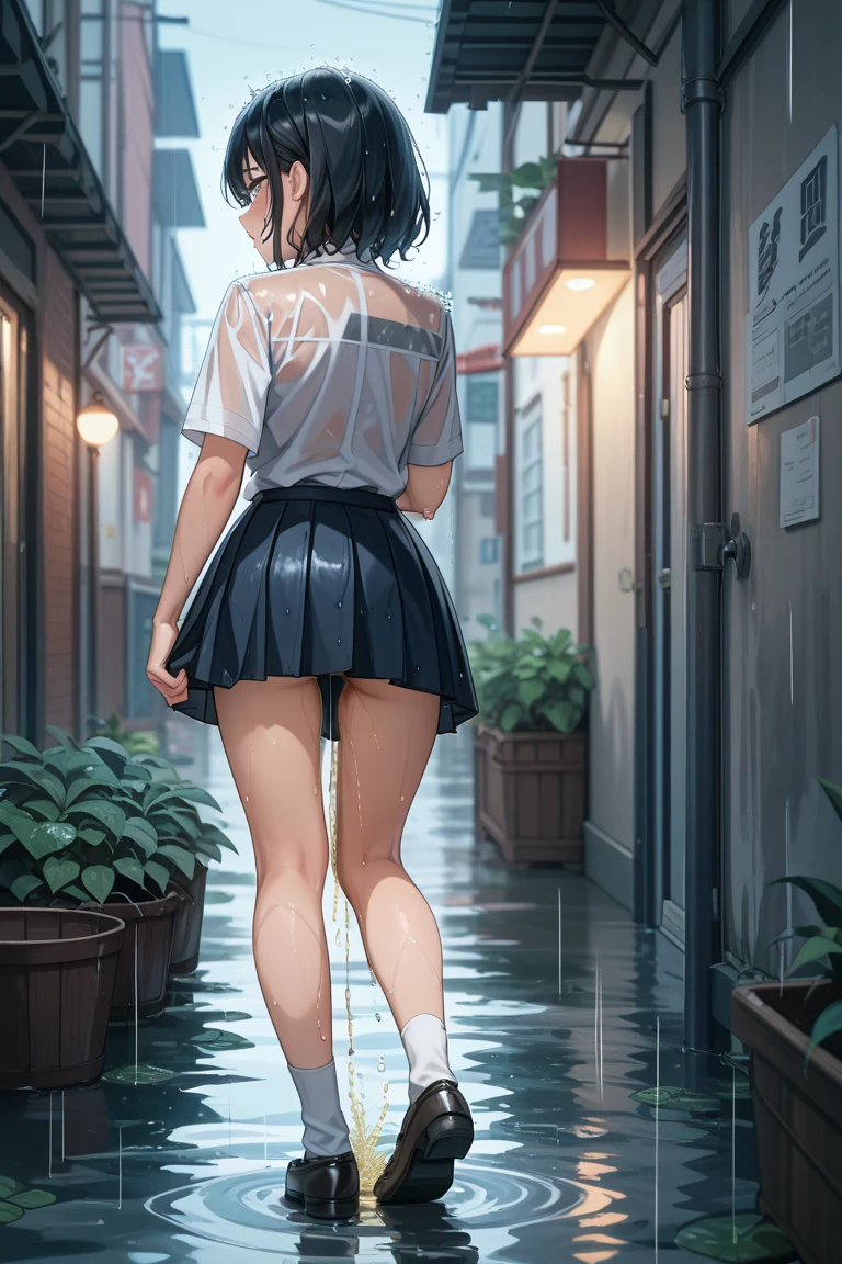 from the back, no face shown, 1 woman, pale skin, long straight hair, sexy clothes, wet clothes, thin waist, thick legs, big thighs, big ass, background scenery, wet dirt road, floor, interior, beautiful day , lighting