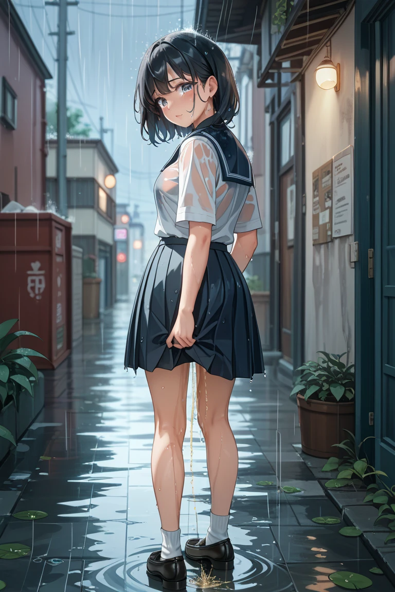 1 Girla、12 years old、rain、Walking along the road with an umbrella、School Swimsuit、Detailed face、Detailed Hair、Clear skin、happy smile、fullbody shot, back view, back shot, looking back at viewer, cute girl,