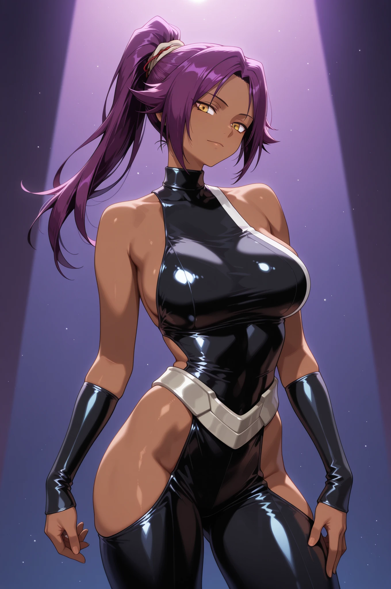 (solo:1.1),(masterpiece), (best quality:1.3),, highly detailed, intricate, professional art, digital art, absurdres, confidant, Blackfire, futanari Blackfire wearing an armored-leotard with armored-pants and thigh-boots posing confidently in night-club, 1girl,(sadistic smirk) , solo,(slender build),(broad shoulders), (long sleeves), black hair, (purple eyes colour), (dark tanned skin:1.4), abs, wide hips, (aroused:1.2), (futanari:1.1), (makeup 1:1), (black lipstick:1.3), large penis, (huge crotch bulge:1.3), (Long crotch bulge:1.3), huge testicles, frontal view, universal lighting, small head,(Bubble Butt)