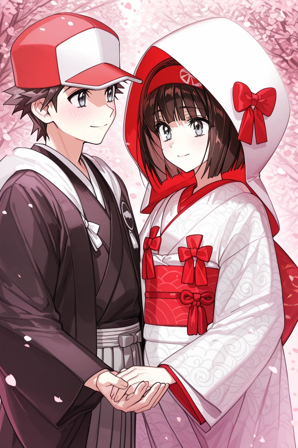 Erika_(pokemon), 1girl, Bob_cut, medium_hair, black_hair, blunt_bangs, blunt_ends,   hairband, red_  hairband, grey_eyes, eyelashes, kimono, white_kimono, uchikake, Shiromuku, hood, white_hood, hood_up, hooded_kimono, layered_kimono, layered_  sleeves  , layered_clothes, furisode, wedding_dress, veil, Moonboushi, bride  , bow, red_bow, Obi, Obiage, sash, red_sash, red_(pokemon), 1boy, brown_hair, short_hair, baseball_cap, red_hat, hat, black_kimono, Hakama, Hakama_pants, grey_Hakama, groom, Haori, black_Haori, Japanese_clothes, wedding, wide_  sleeves  ,   smile, happy, blush, couple, hetero, husband_and_wife, petals, pink_petals, Falling_petals, holding_hands, beautiful_detailed_eyes, masterpiece, best_quality, portrait, intricate_details, absurdres, Artist_moon_(attaka_towel)