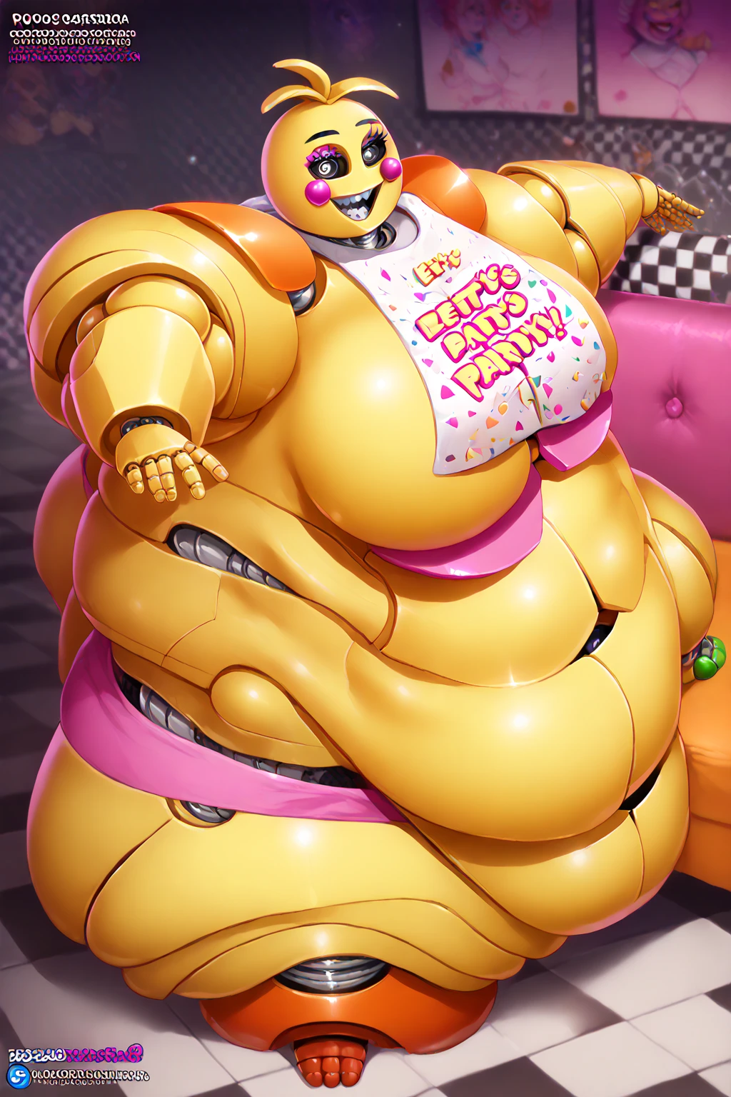 Chica from Five Nights at Freddy's, ((insanely big thighs)), ((fat rolls)), ((gigantic hips)), massive lower body, (thighs several times wider than body), thighs occupy lower half of frame, ((massive thighs)), ((ssbbw)), ((obese)), plain pink panties, back turned to viewer, looking at viewer, (entire pizza in hand), bent over, ((insanely obese butt)), booty, black sclera, white pupils, (smirk), ((incredibly wide booty)), ((morbidly obese))