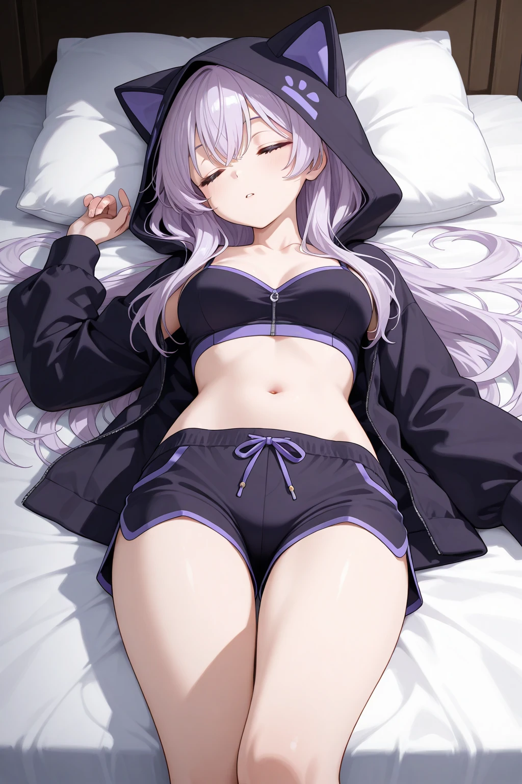 realistic,highest quality, ultra detail, High quality CG drawing, The most delicate and beautiful, Floating gently, High resolution, (1 girl), (Highest image quality,4K,8K,masterpiece:1.2) ,light purple hair,Rabbit,Bunny ears,long hair,red eyes,room,wearing a black hoodie,lying on the bed,defeated,,(slightly bigger breasts:1.5),sleep,Are sleeping,closed my eyes,open your mouth a little,