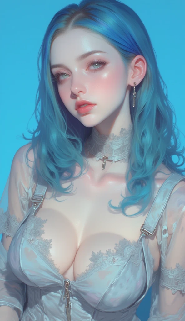 A realistic rendering of an Anne Anderson style illustration of a very close shot, ultra close shot on the breasts of a pert, nubile, thin, freckled teen girl with 50s style, Blue hair, bows in hair, slight smile, topless, best quality, tiny breasts, bare breasts, small breasts, bare crotch, exposed crotch, open legs, legs spread open, pink nipples , puffy nipples , exposed nipples , wearing a clear, pink, plastic body armor, clear pink plastic armor, clear, pink, plastic body harness, clear, pink, plastic body cage, pink bondage straps, black, spiked choker necklace, black leather jacket, a silver chain wrapped around body, open, white blouse, white lace collar, pastel lace, pastel lace straps under nipples, pastel lace straps under breasts, open light blue, fuzzy sweater, undressing,
uniform, partially clothed, sitting in a bondage harness swing, in a darkened, pink, neon lit, 1950s teen girl's bedroom, glowing pink, neon lights, full of bondage straps,, ultra close shot on breasts, very, very close shot on breasts