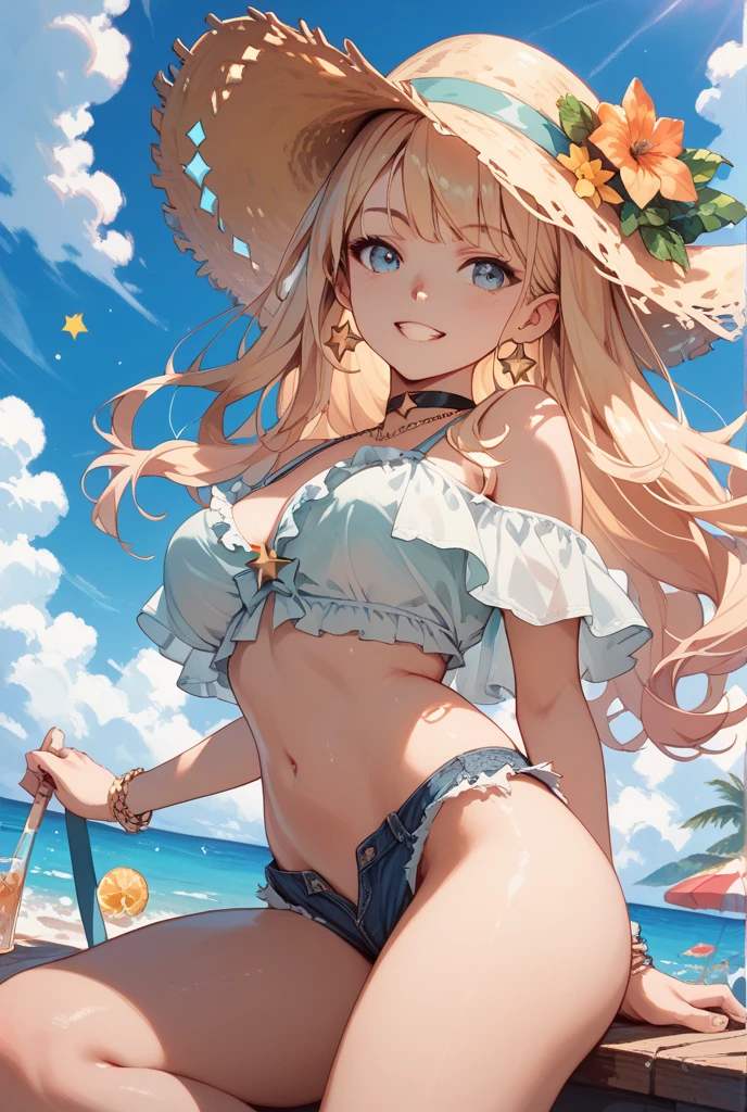 Anime Kawaii sexy Perfect Slim sensual body large breast and huge thighs, An intricate and highly detailed illustration of anime (Young girl) Maximum quality、Superior image quality、Masterpiece artwork、girl with((cute、18-years old、Better bust、medium bust、Bust 85,gorgeous blue eyes、wide open breasts,long blonde hair、A slender、Middle node、black tee,blue jeans、Enrole o cinto、serious face,cowboy hat、Cowboy Oeste))high qualiy、linda arte、Background with((Western World、desert sands)),tabletop、Elaborate Design、visual artwork、depth of fields、The best lighting、More Detailed、8k,super delicate、A little away