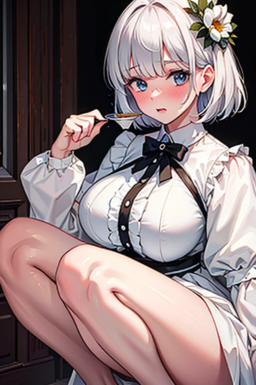 Best Quality, Master piece, art, White hair girl, short hair, thick thighs, stockings, shorts, Big tits, Big Thighs