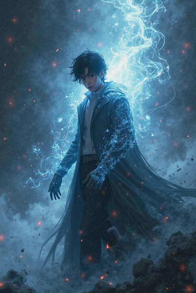 (Absurd, High Resolution), 16k, (Panorama), young man, Closed Eyes, Open Hands, Short Hair, Black Hair, Black Coat, White Underwear, Extreme Detail, Lightning, Magic, Magic Array, Exaggerated Light, Shine, Magic, Floating, Dusk,