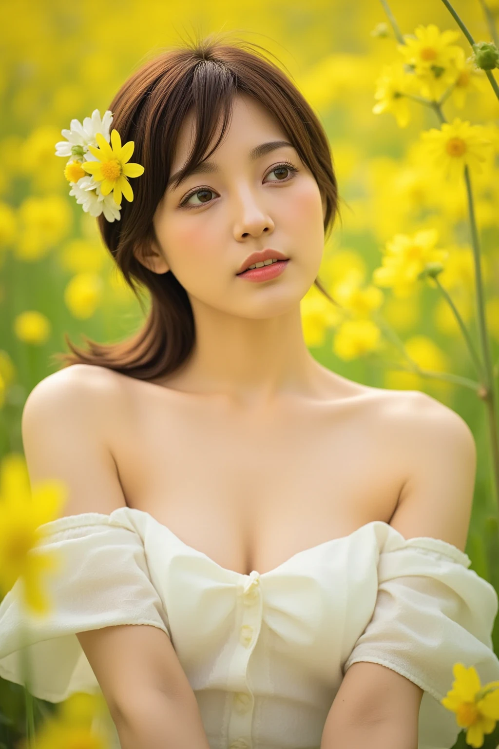 (((Exposing breasts 1.6))),(((Exposing breasts 1.6))),(((Exposing breasts 1.6))),masterpiece, Highest quality, 8k, Absurd, Beautiful medium long bob hair,Woman in her late 20s, That shy expression is cute, (Sensual Style),((Seven episodes were filmed.........1.4)), (Completely naked 1.5), No makeup, The near road and the far road, Written boundary depth, Surreal, High resolution, photograph, Sharp focus, Face lamp, Dynamic Lighting, highest detailed, ,Extreme detaileds、Super detaileded、detailed、Real Skin、elegant features、Positive and optimistic、(The background is a colorful flower field)