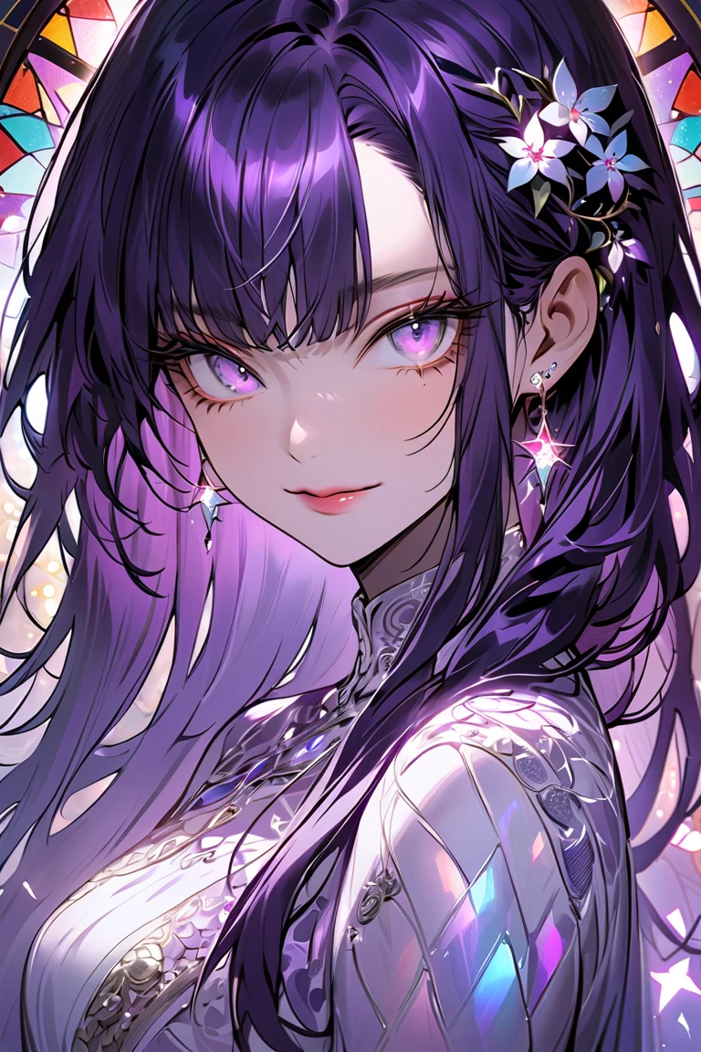 Woman , long dark purple hair, long dark purple hair, hime cut hairstyle, hime cut hairstyle, emerald eyes, emerald eyes, FOV, f1.8, masterpiece, front portrait shot, black and dark purple casual clothing, plain dark purple colored background, serious expression, front full bangs, siren eyes, cat-shaped eyes
